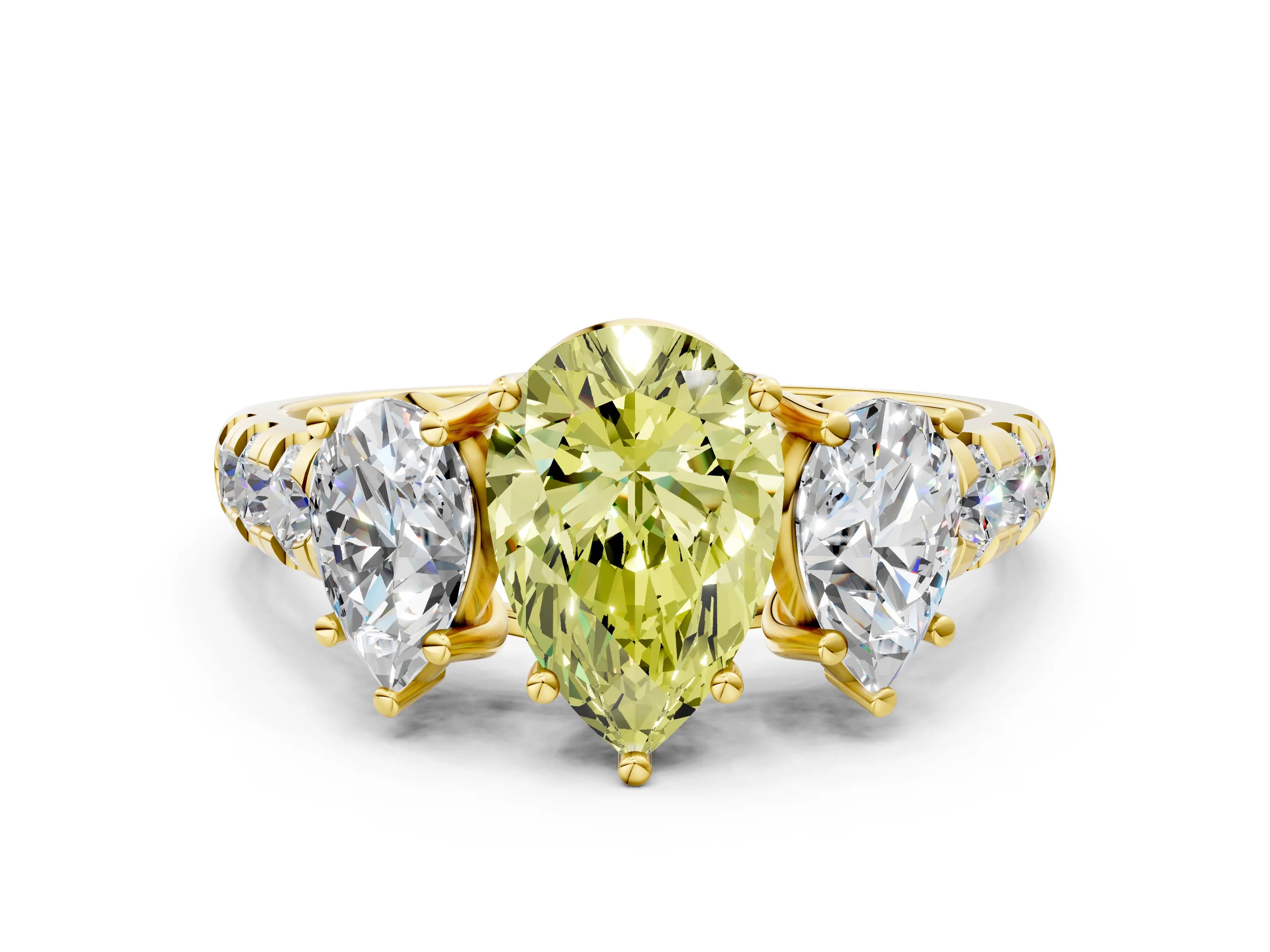 Yellow gold Three-Stone Fancy Yellow Pear Cut Diamond Pavé Band with Prong Setting