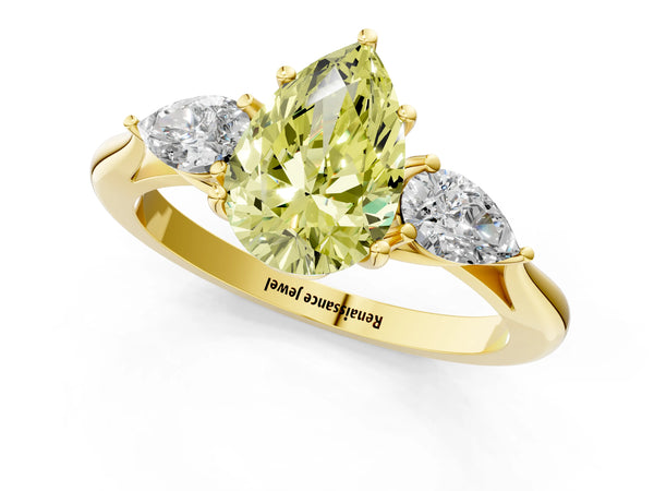 Yellow gold Three-Stone Fancy Yellow Pear Cut Diamond Ring with Pear  Side Stones in Four-Prong Setting