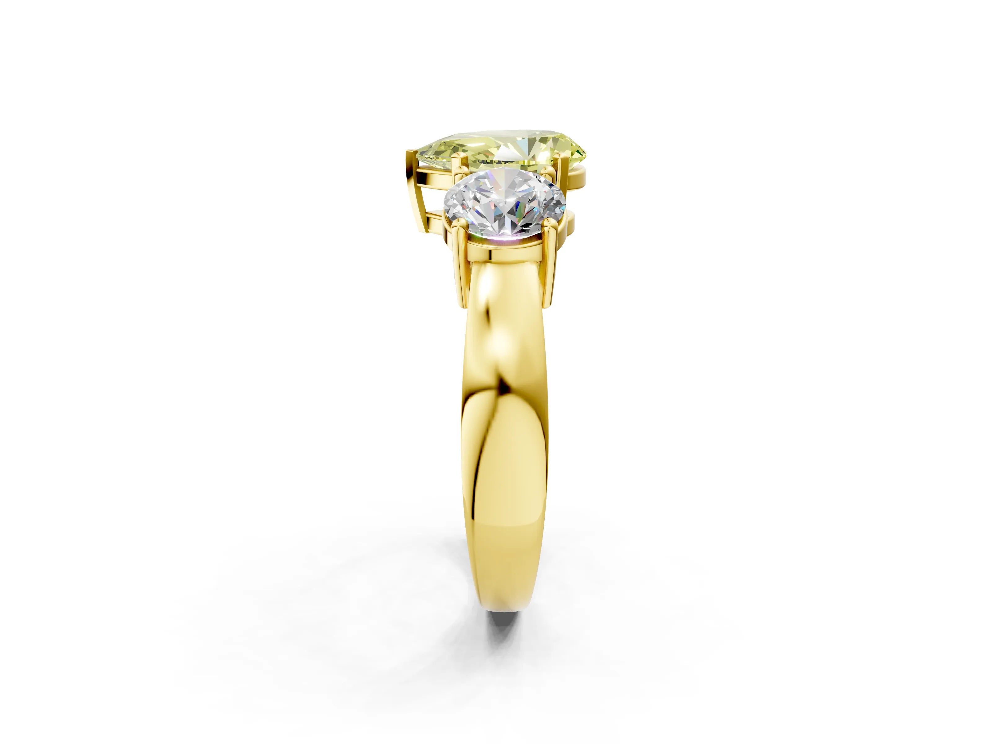 Yellow gold Three-Stone Fancy Yellow Pear Cut Diamond Ring with Round Side Stones, Classic Band, and Four-Prong Setting_2