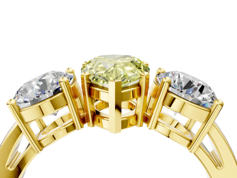 Yellow gold Three-Stone Fancy Yellow Pear Cut Diamond Ring with Round Side Stones, Classic Band, and Four-Prong Setting_4