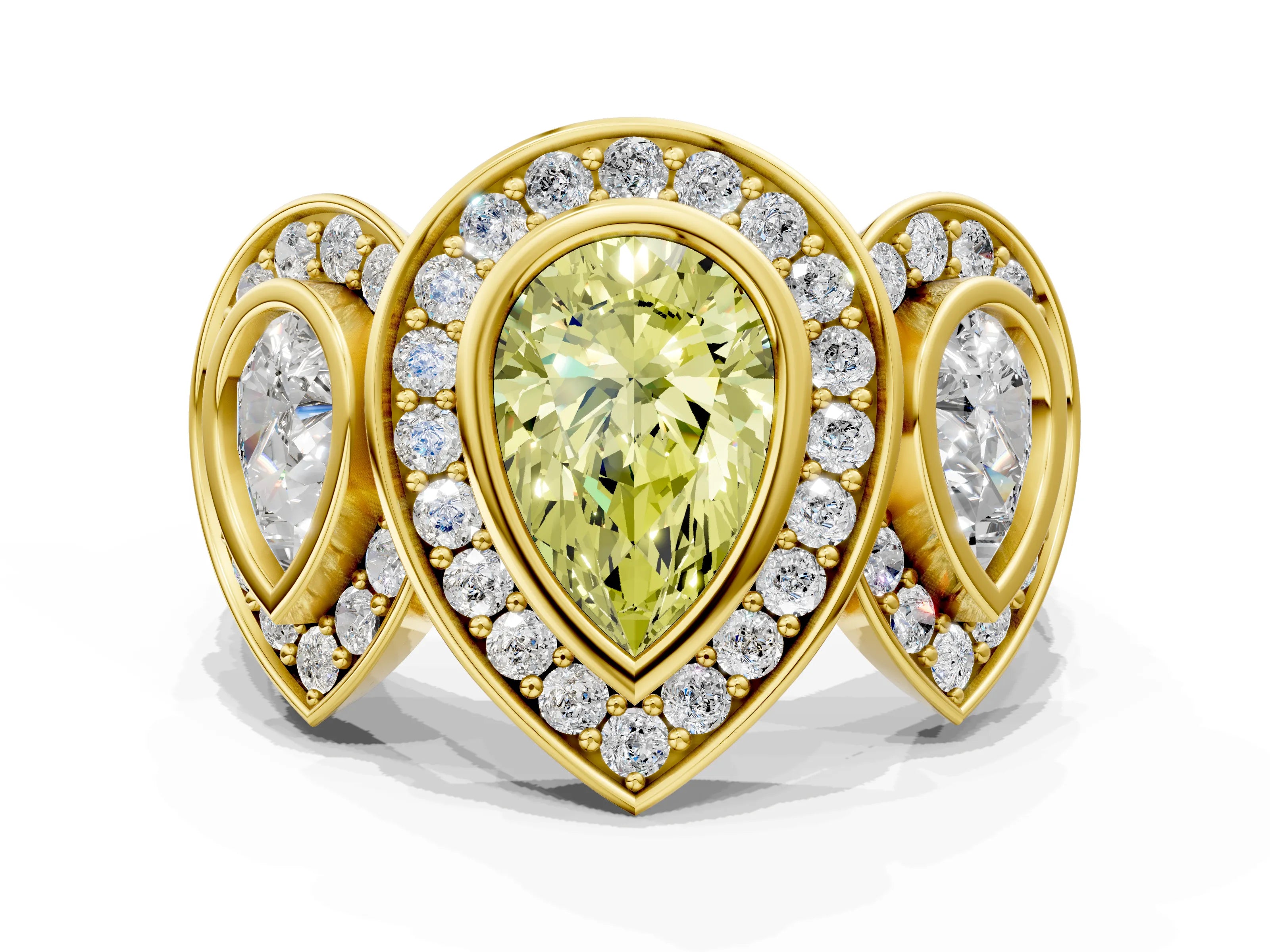 Yellow gold Three-Stone Fancy Yellow Pear Cut Halo Pavé Diamond Ring