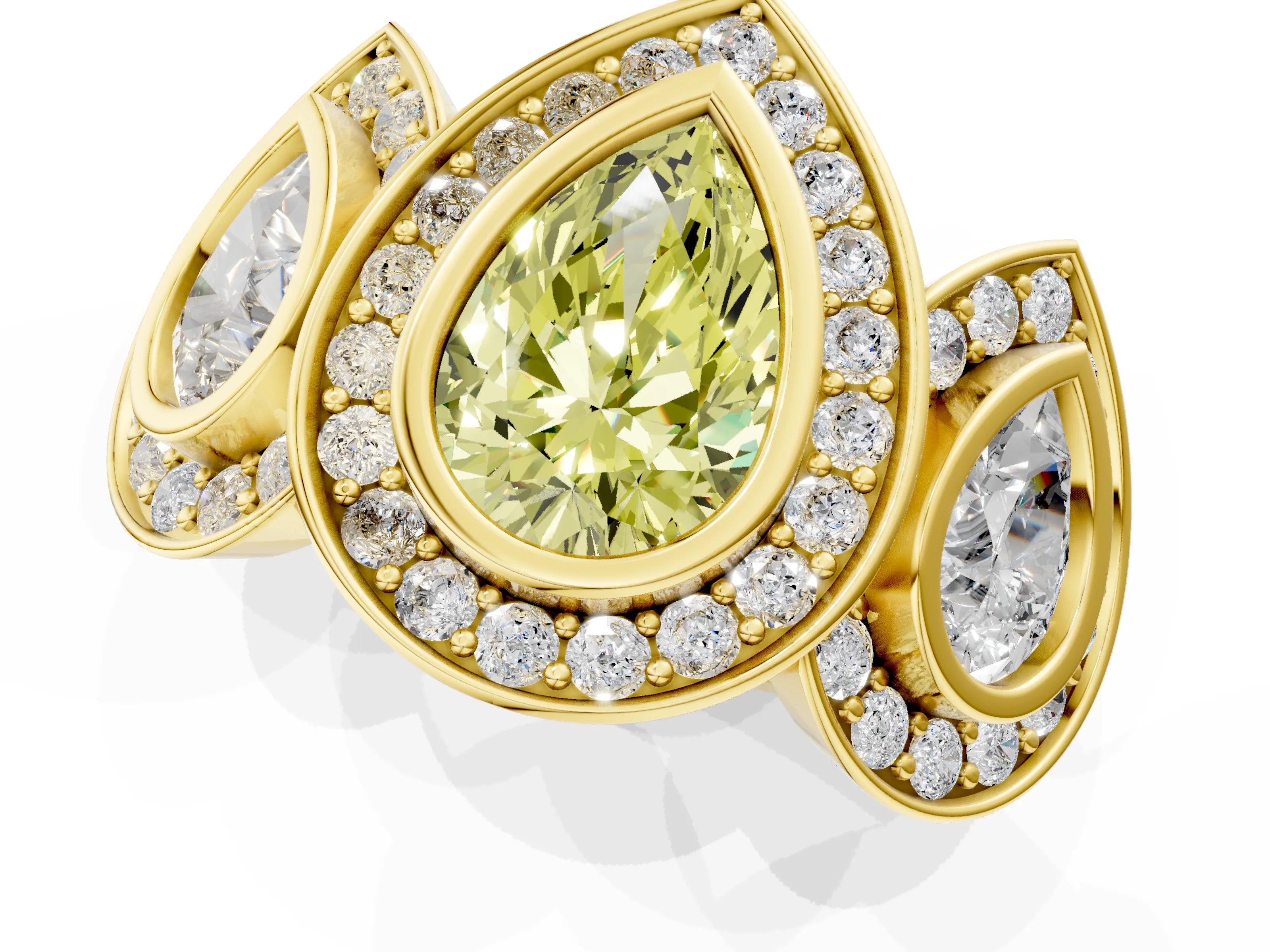 Yellow gold Three-Stone Fancy Yellow Pear Cut Halo Pavé Diamond Ring_1