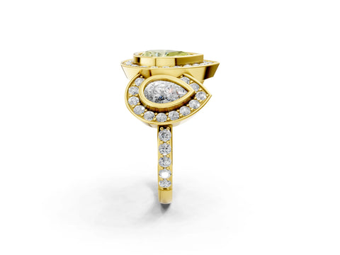 Yellow gold Three-Stone Fancy Yellow Pear Cut Halo Pavé Diamond Ring_2