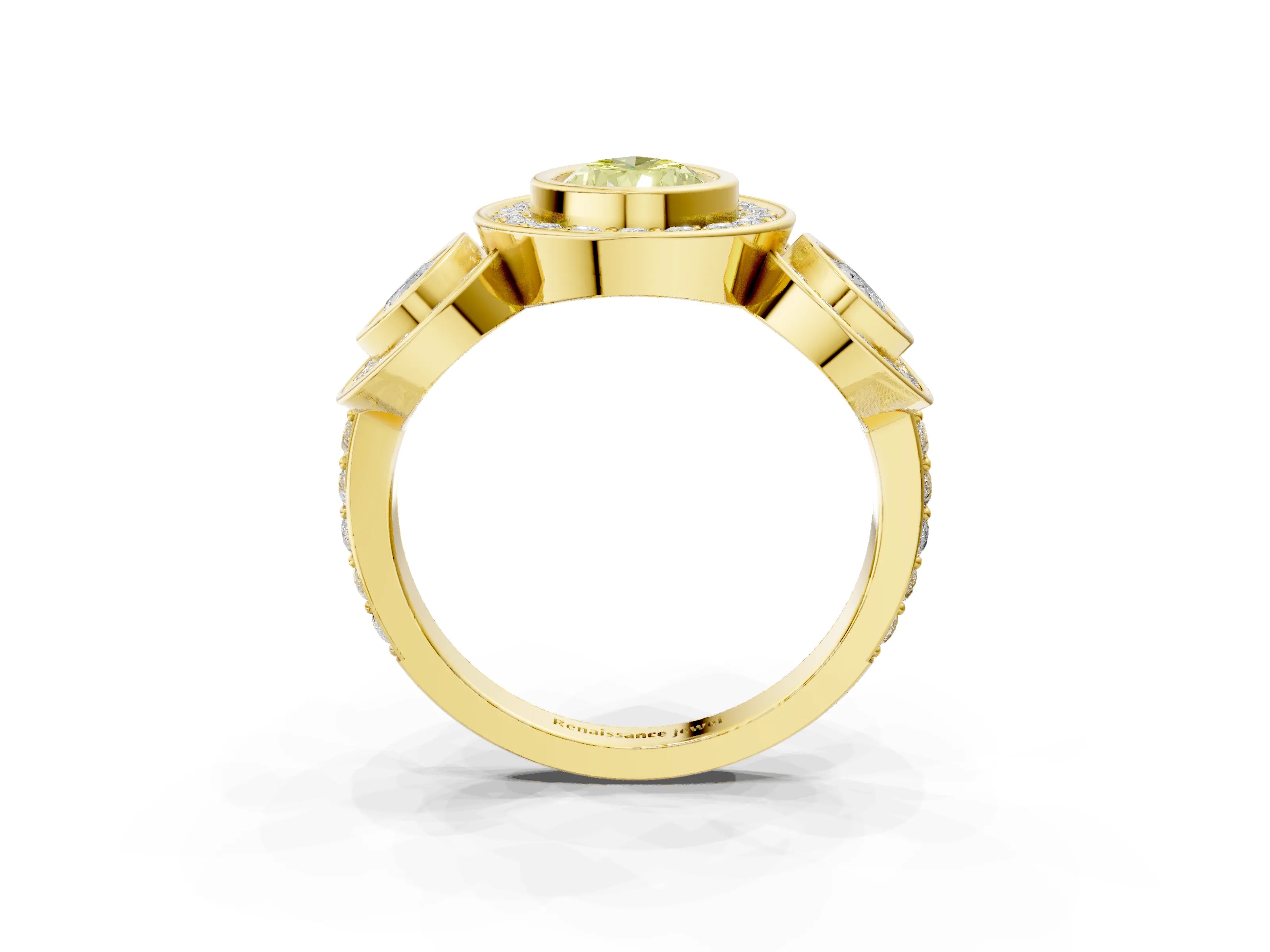 Yellow gold Three-Stone Fancy Yellow Pear Cut Halo Pavé Diamond Ring_3