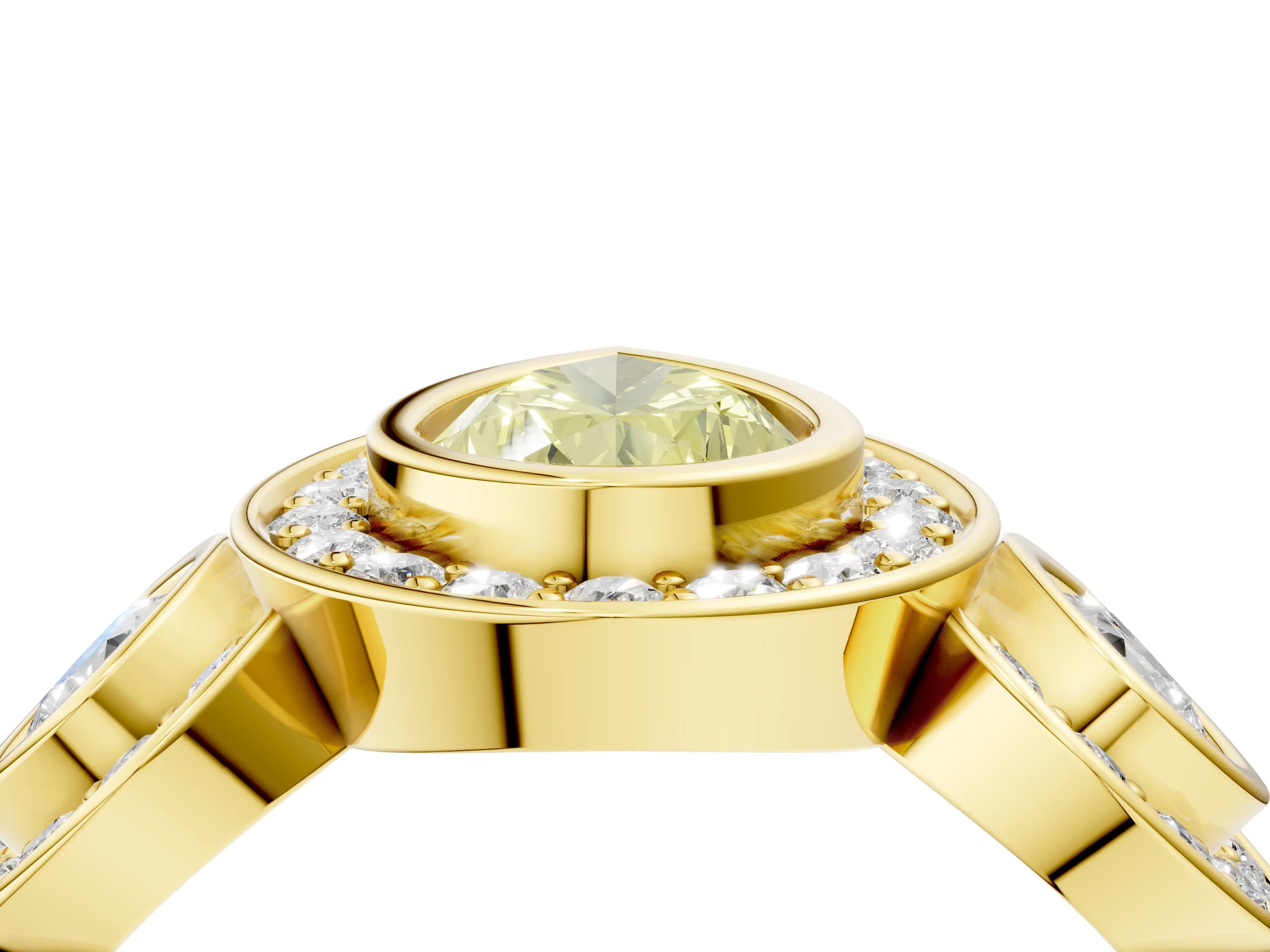 Yellow gold Three-Stone Fancy Yellow Pear Cut Halo Pavé Diamond Ring_4