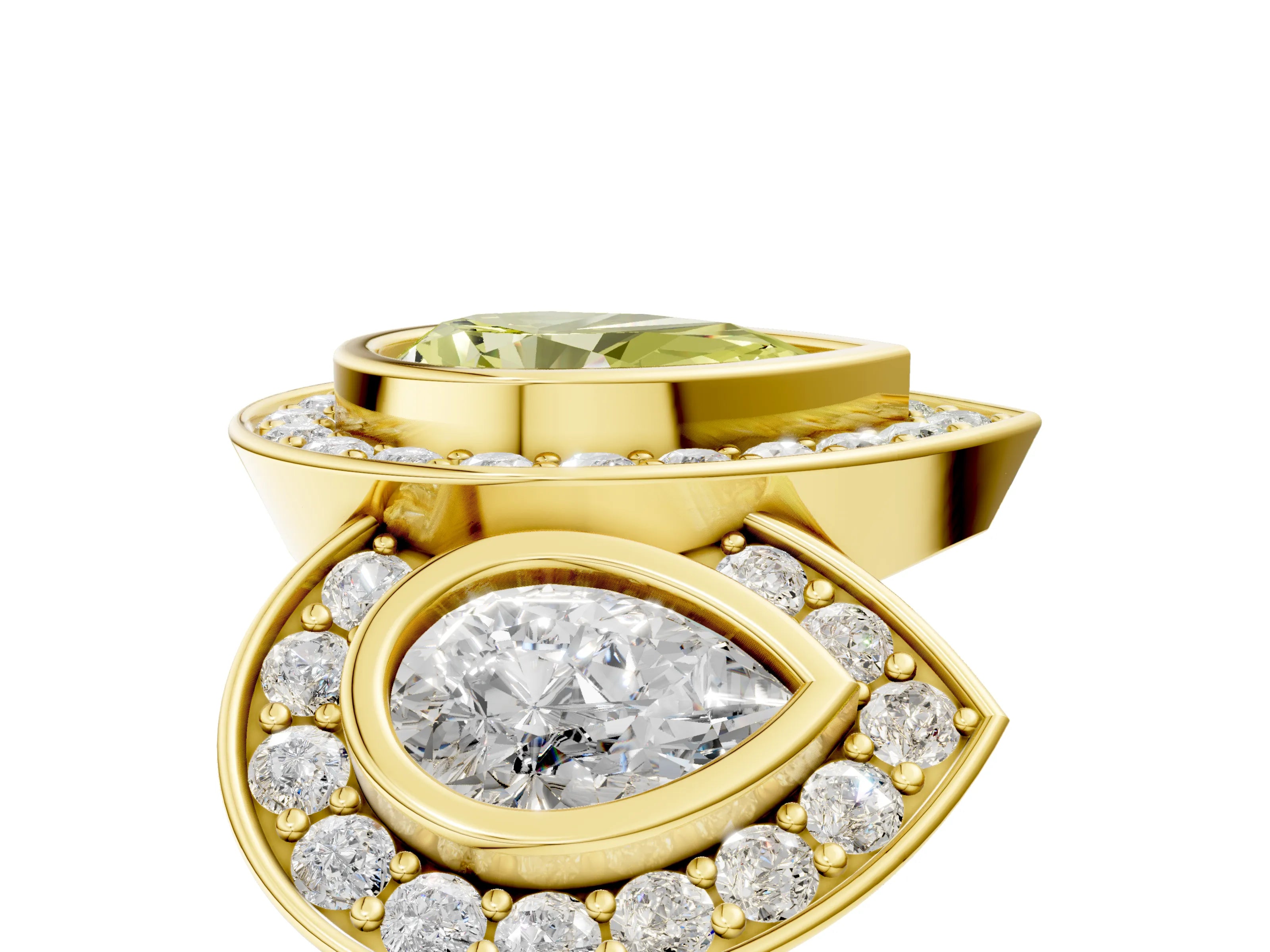 Yellow gold Three-Stone Fancy Yellow Pear Cut Halo Pavé Diamond Ring_5