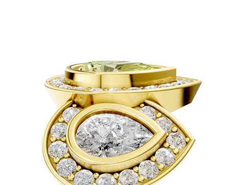 Yellow gold Three-Stone Fancy Yellow Pear Cut Halo Pavé Diamond Ring_5