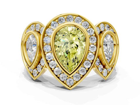 Yellow gold Three-Stone Fancy Yellow Pear Cut Halo Pavé Diamond Ring