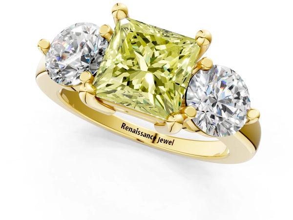 Yellow gold Three-Stone Fancy Yellow Princess  Brilliant Cut Solitaire Ring with Prong Setting on a Classic Band