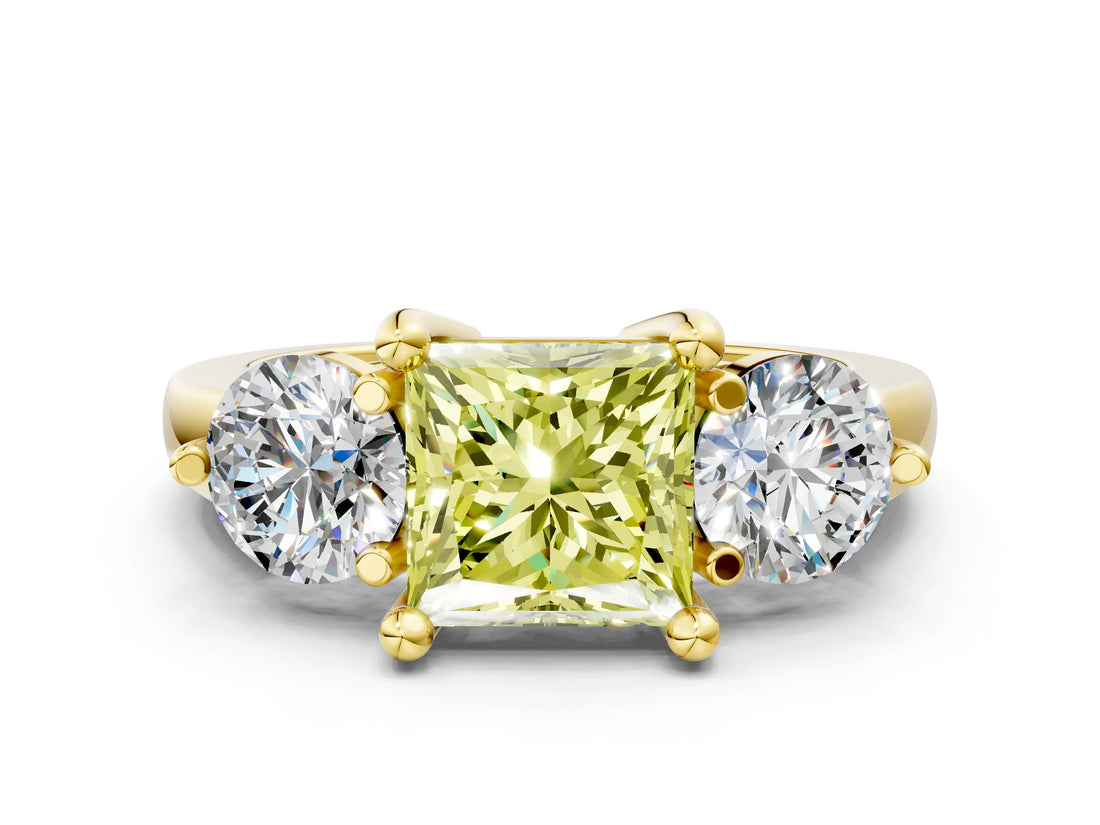 Yellow gold Three-Stone Fancy Yellow Princess  Brilliant Cut Solitaire Ring with Prong Setting on a Classic Band