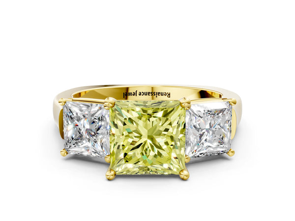 Yellow gold Three-Stone Fancy Yellow Princess Cut Brilliant Diamond Trellis Ring with Comfort Fit Band