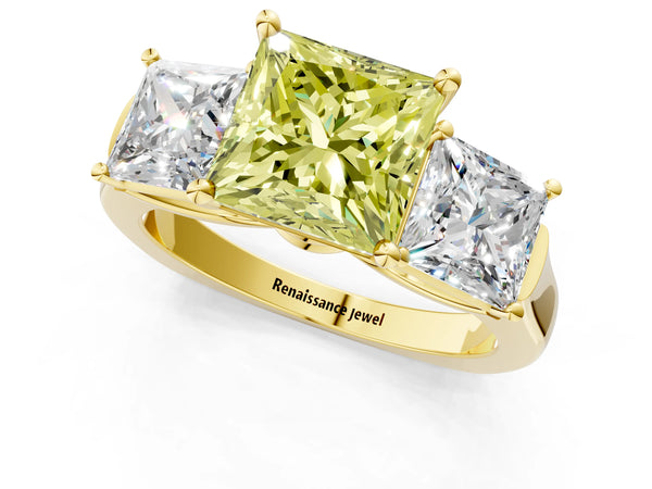 Yellow gold Three-Stone Fancy Yellow Princess Cut Brilliant Diamond Trellis Ring with Comfort Fit Band