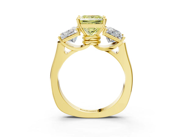 Yellow gold Three-Stone Fancy Yellow Princess Cut Brilliant Diamond Trellis Ring with Comfort Fit Band