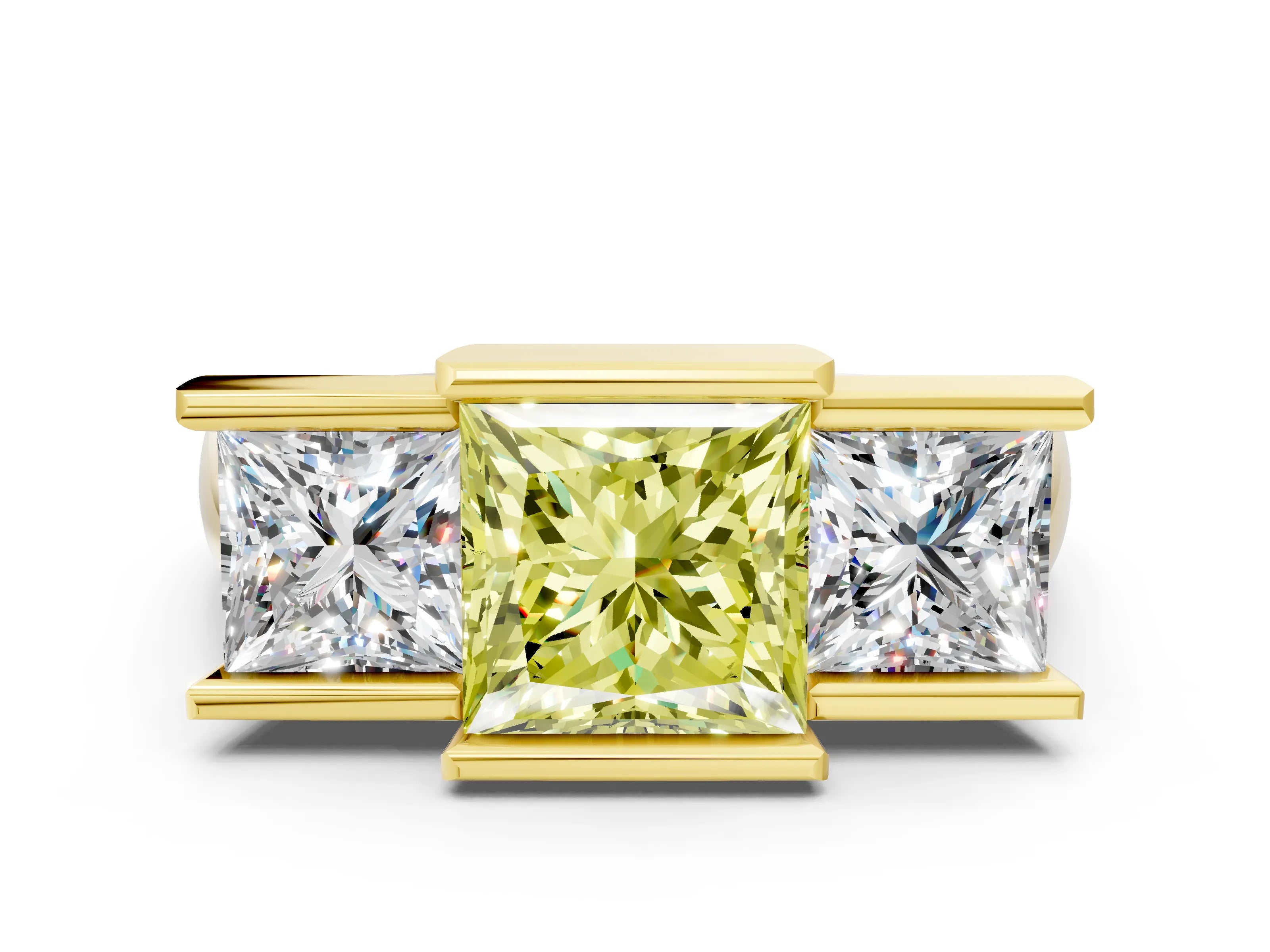 Yellow gold Three Stone Fancy Yellow Princess Cut Cut Channel Set Diamond Ring