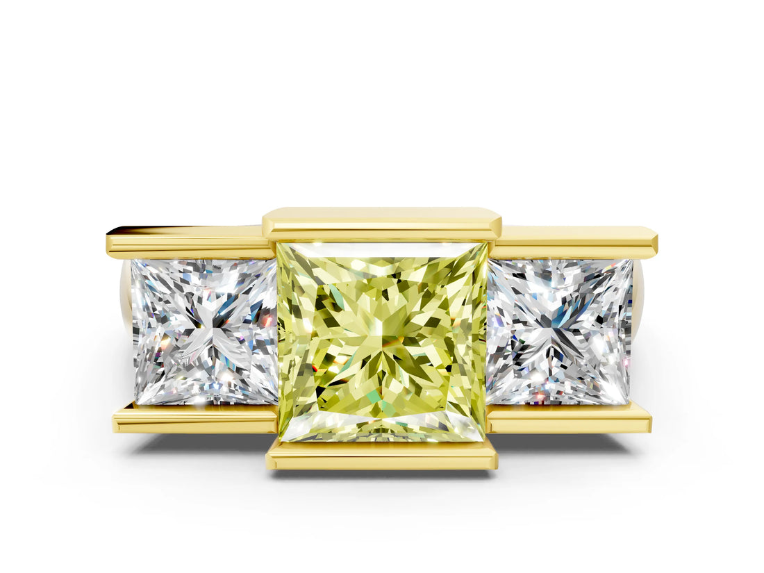 Yellow gold Three Stone Fancy Yellow Princess Cut Cut Channel Set Diamond Ring