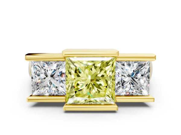 Yellow gold Three Stone Fancy Yellow Princess Cut Cut Channel Set Diamond Ring