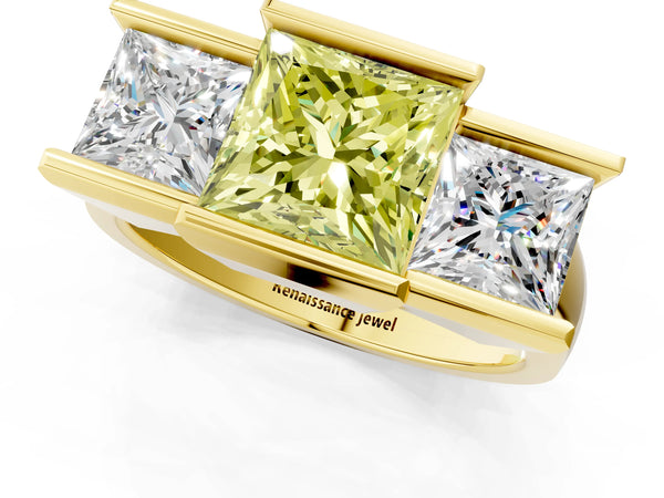 Yellow gold Three Stone Fancy Yellow Princess Cut Cut Channel Set Diamond Ring