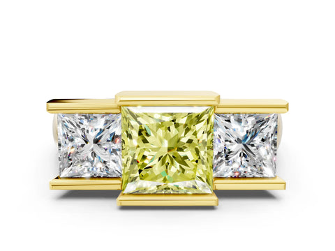 Yellow gold Three Stone Fancy Yellow Princess Cut Cut Channel Set Diamond Ring