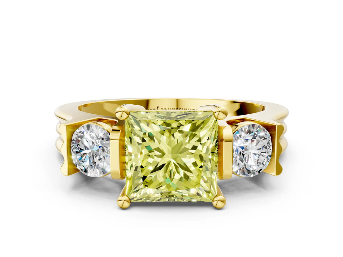 Yellow gold Three-Stone Fancy Yellow Princess Cut Cut Classic Band Prong Setting Ring