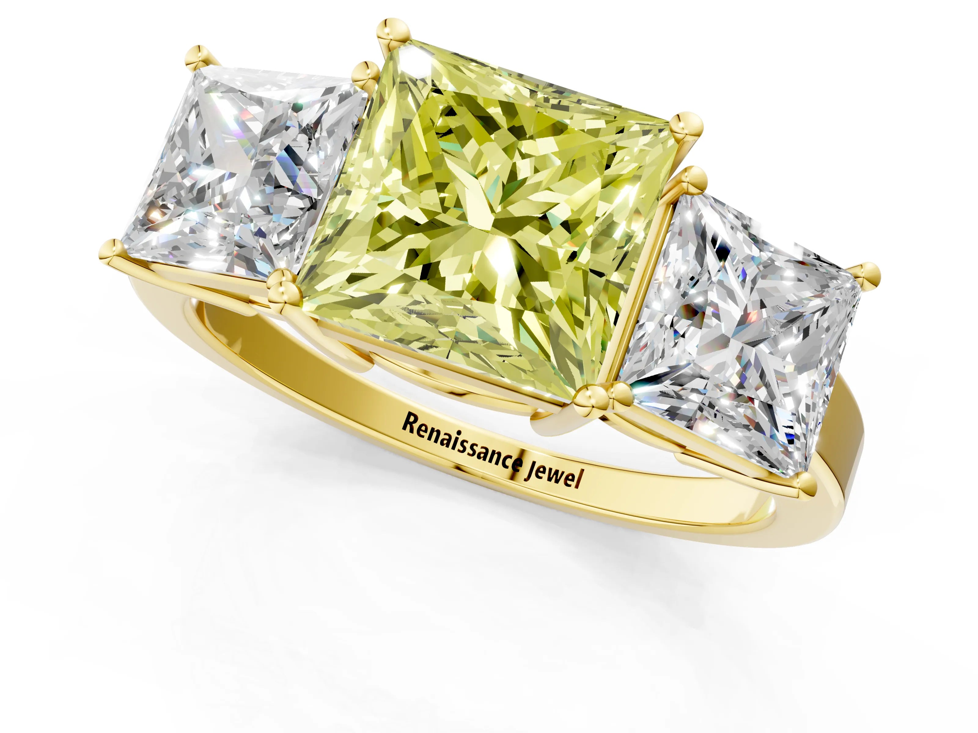 Yellow gold Three-Stone Fancy Yellow Princess Cut Cut Diamond Engagement Ring with Flat Band and Four-Prong Setting_1