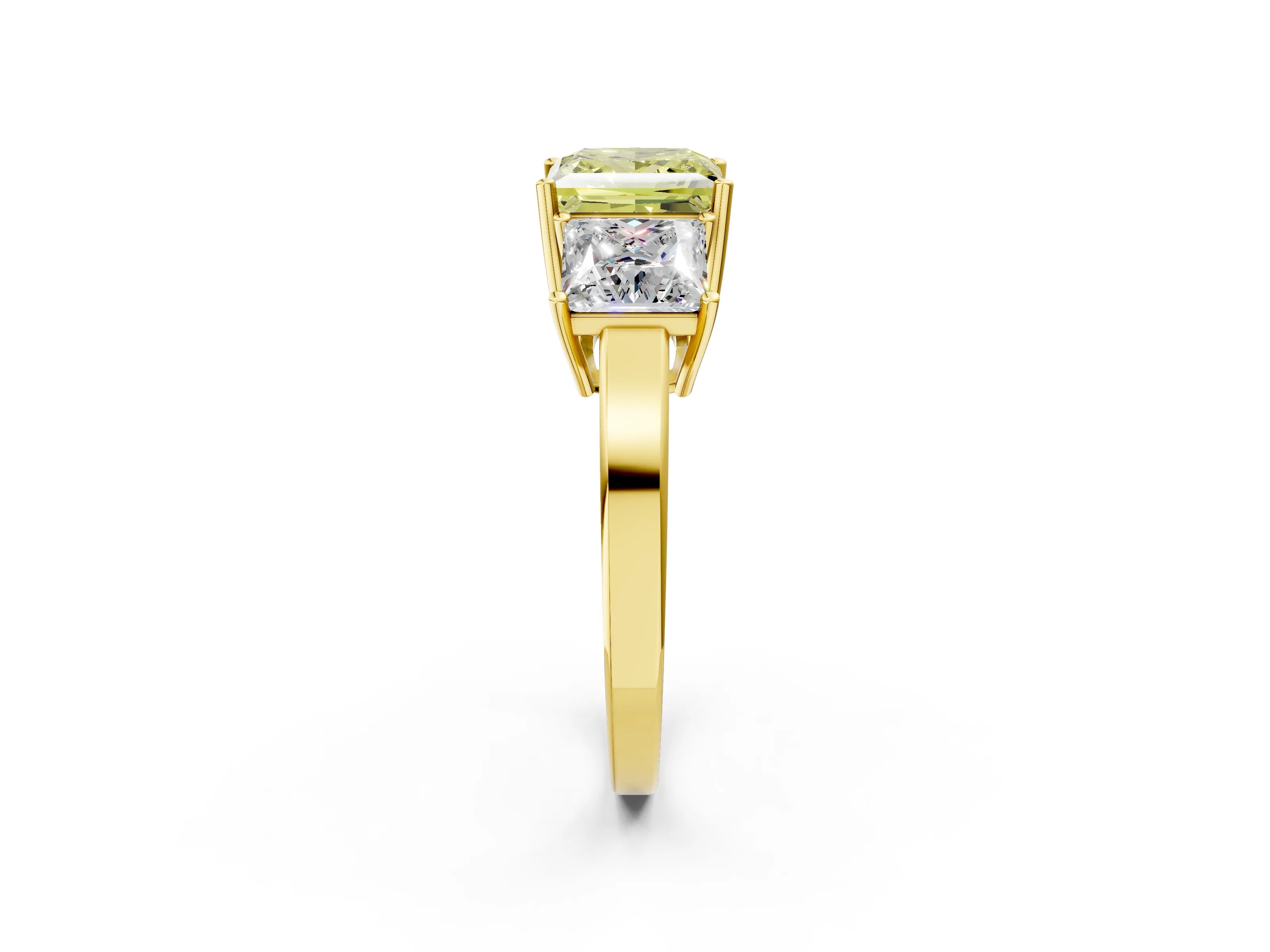 Yellow gold Three-Stone Fancy Yellow Princess Cut Cut Diamond Engagement Ring with Flat Band and Four-Prong Setting_2