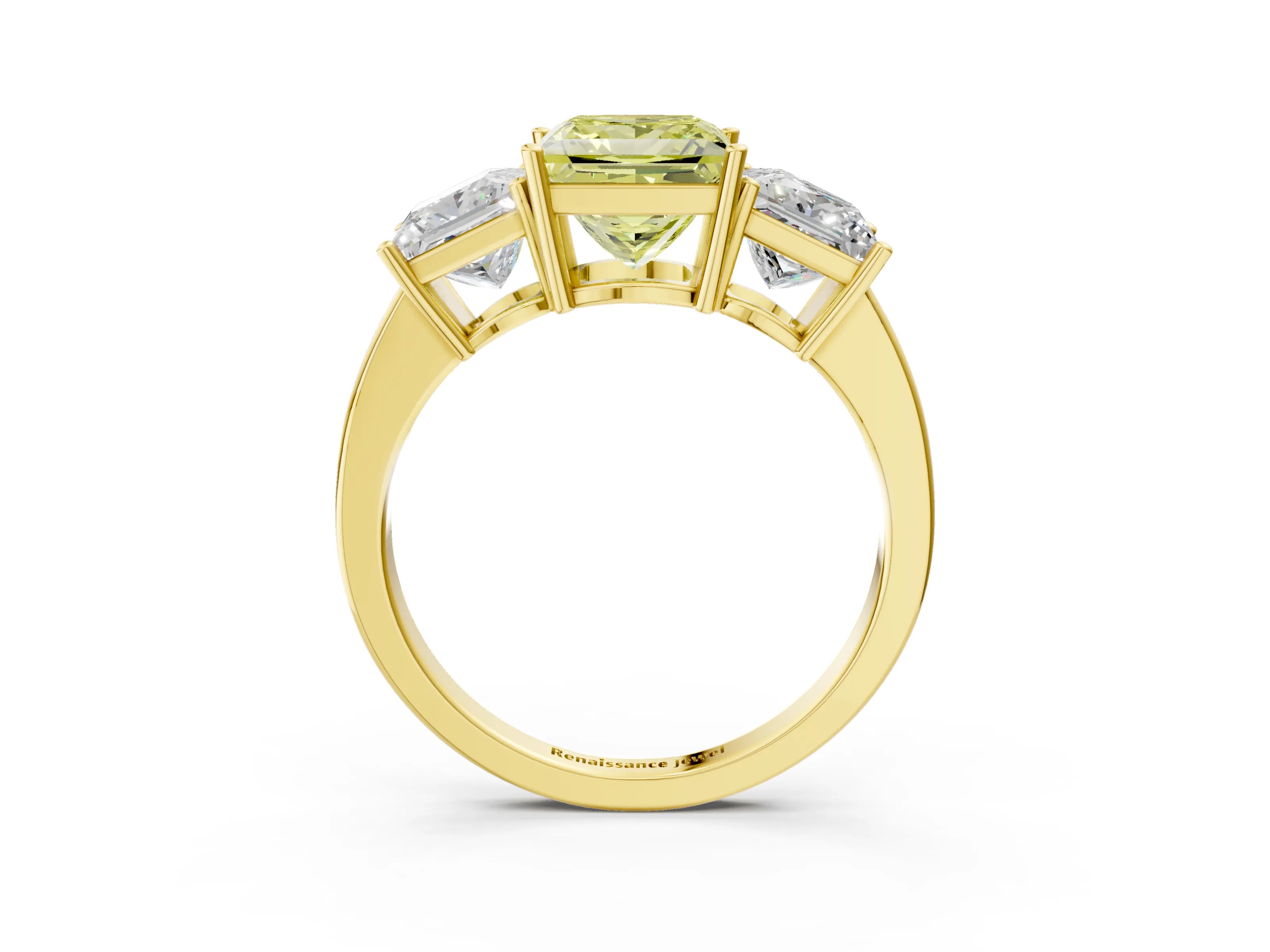 Yellow gold Three-Stone Fancy Yellow Princess Cut Cut Diamond Engagement Ring with Flat Band and Four-Prong Setting_3