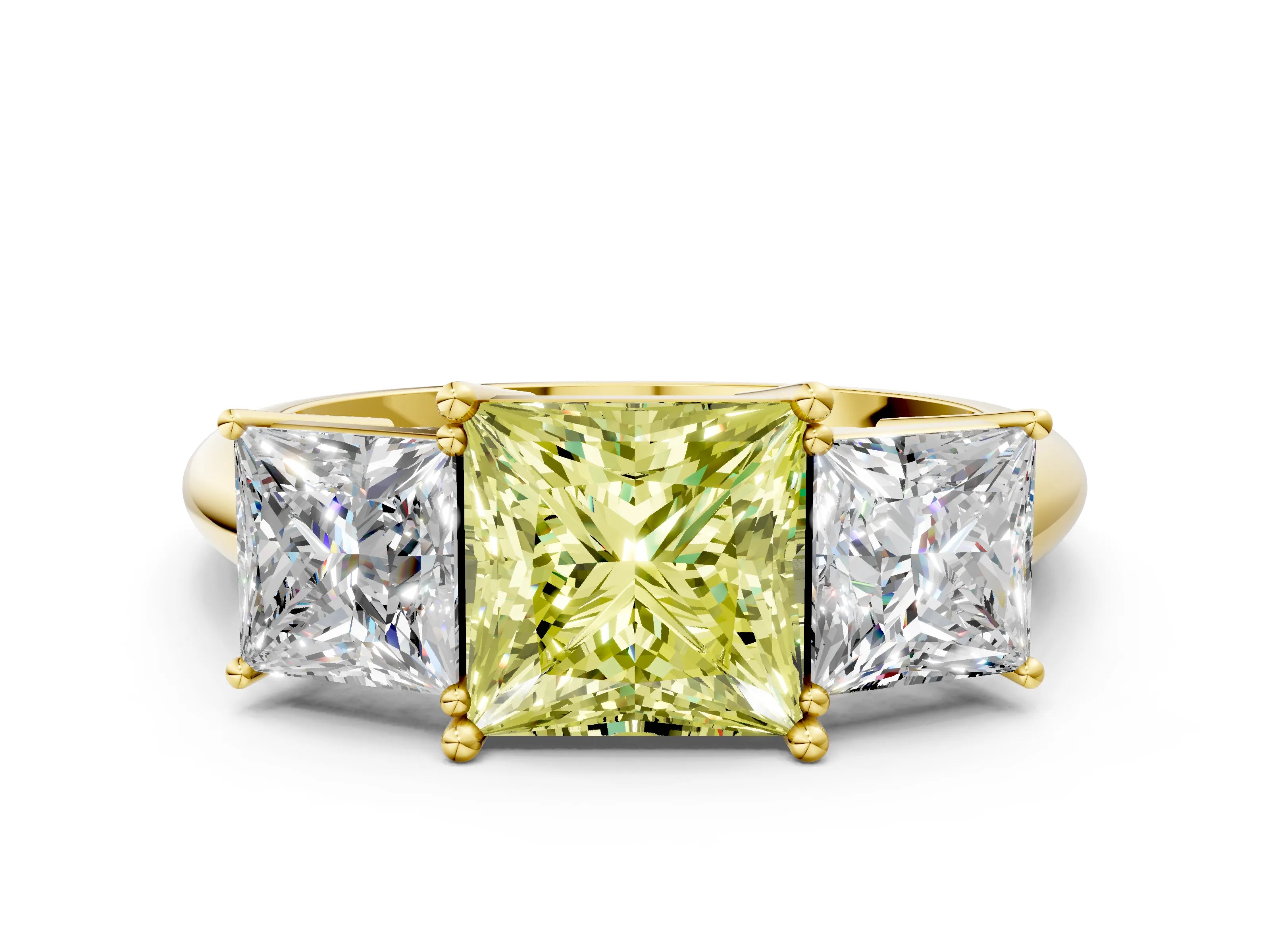 Yellow gold Three-Stone Fancy Yellow Princess Cut Cut Diamond Engagement Ring with Prong Setting on a White Gold Band