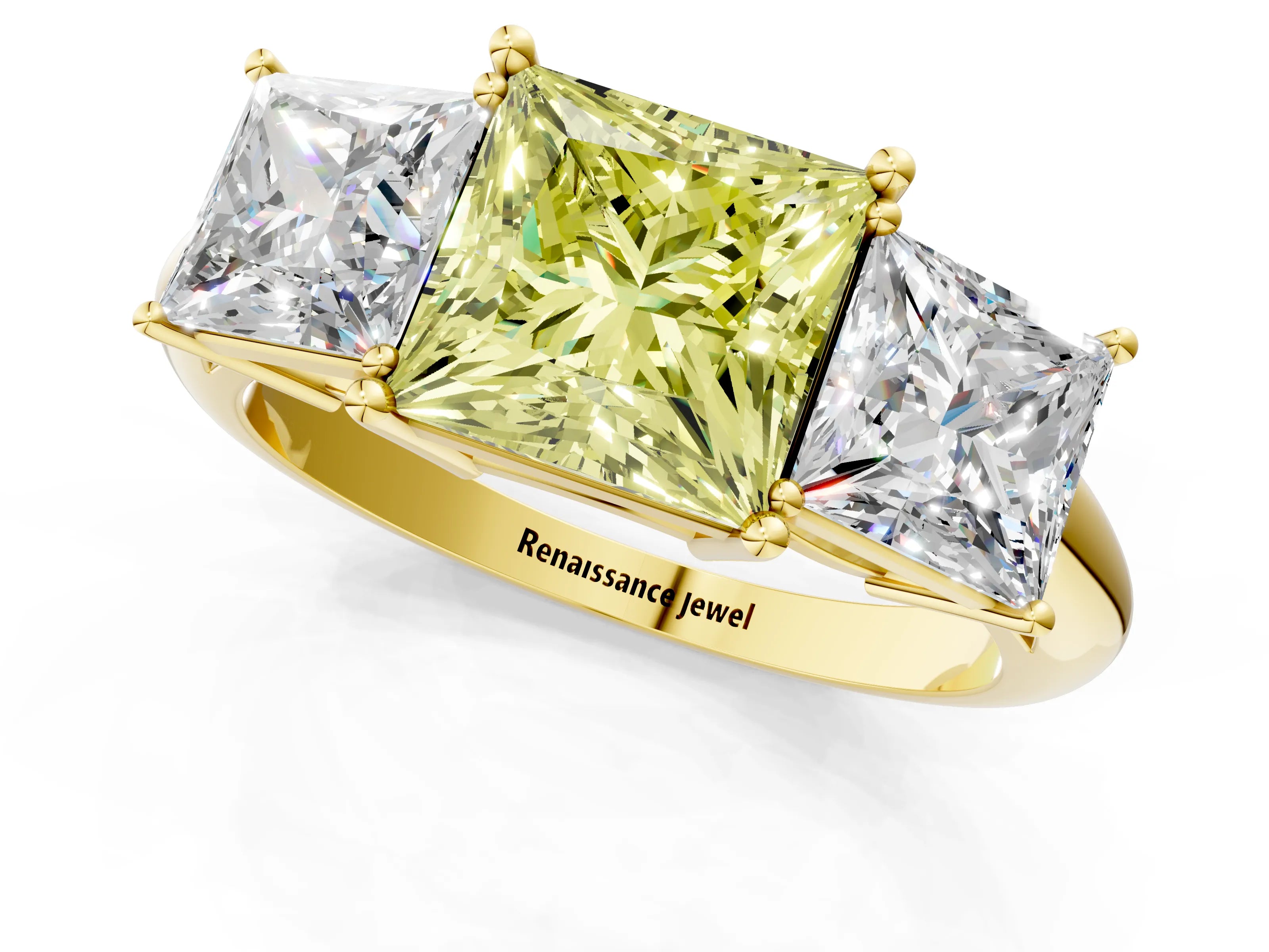 Yellow gold Three-Stone Fancy Yellow Princess Cut Cut Diamond Engagement Ring with Prong Setting on a White Gold Band_1