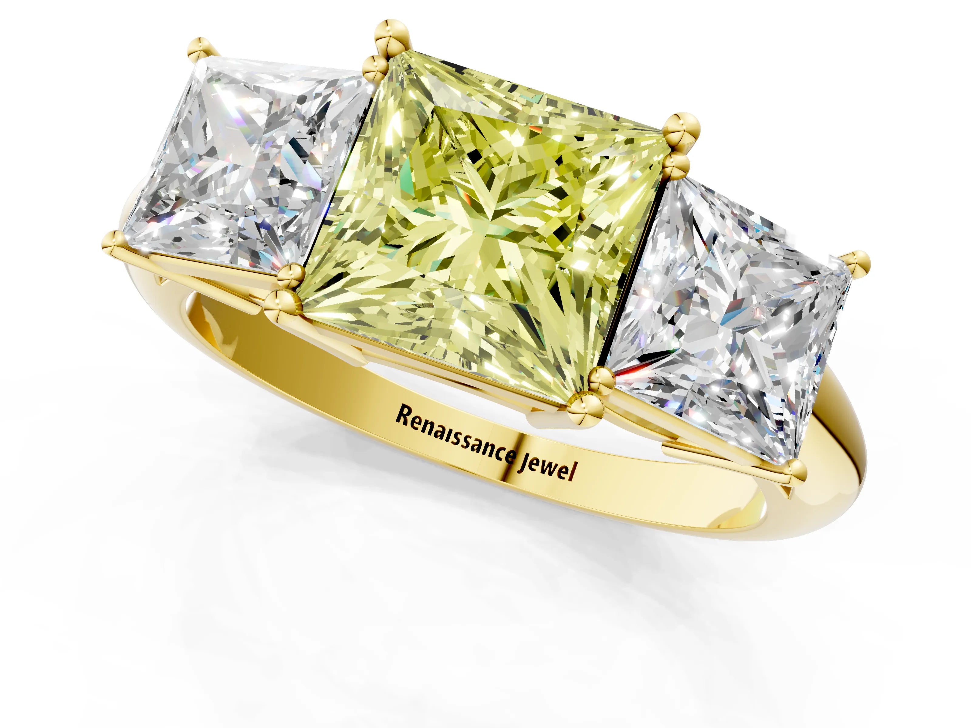 Yellow gold Three-Stone Fancy Yellow Princess Cut Cut Diamond Engagement Ring with Prong Setting on a White Gold Band_37