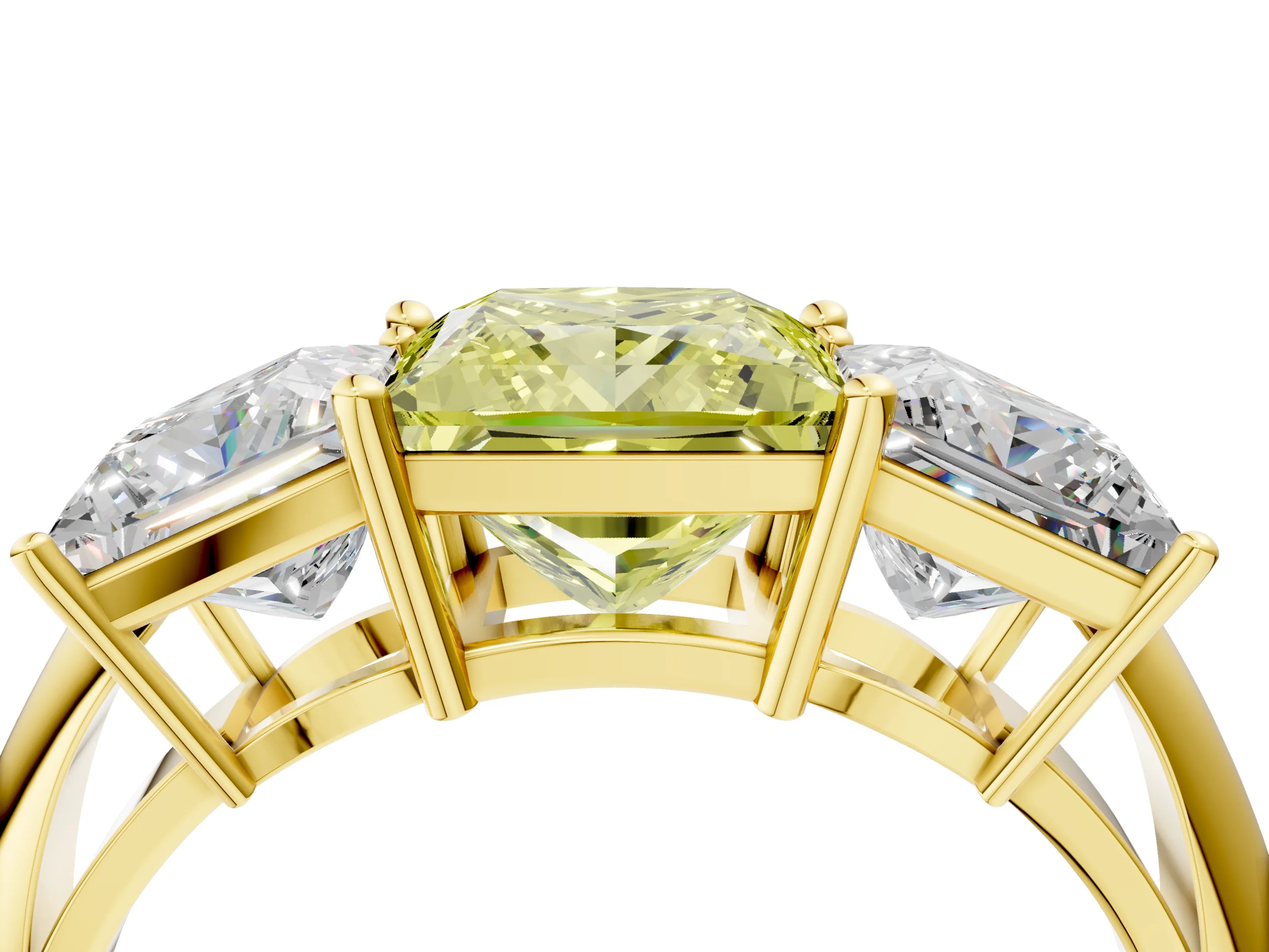 Yellow gold Three-Stone Fancy Yellow Princess Cut Cut Diamond Engagement Ring with Prong Setting on a White Gold Band_4