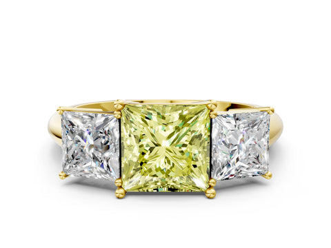 Yellow gold Three-Stone Fancy Yellow Princess Cut Cut Diamond Engagement Ring with Prong Setting on a White Gold Band