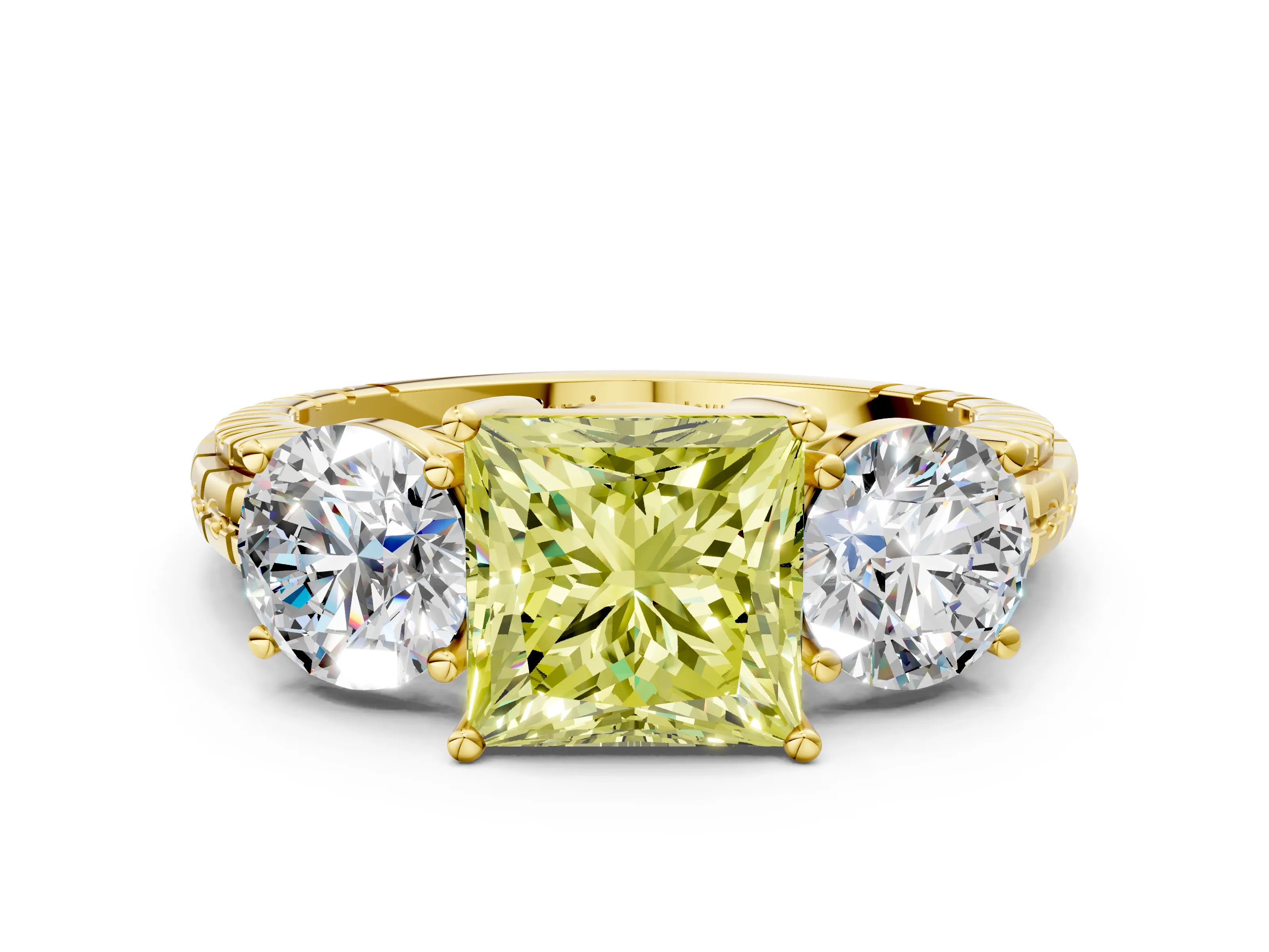 Yellow gold Three-Stone Fancy Yellow Princess Cut Cut Diamond Ring with Channel-Set Band and Prong Setting