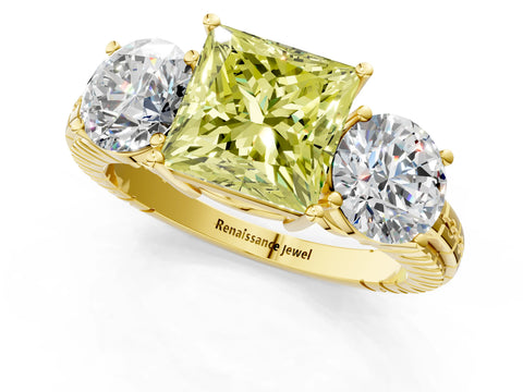 Yellow gold Three-Stone Fancy Yellow Princess Cut Cut Diamond Ring with Channel-Set Band and Prong Setting_1