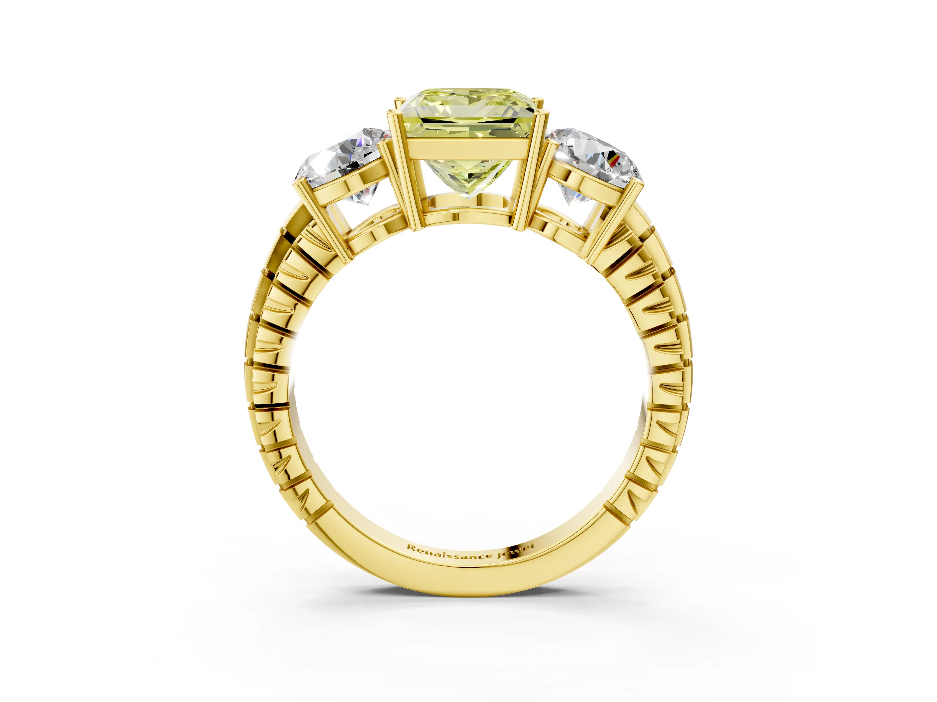 Yellow gold Three-Stone Fancy Yellow Princess Cut Cut Diamond Ring with Channel-Set Band and Prong Setting_3