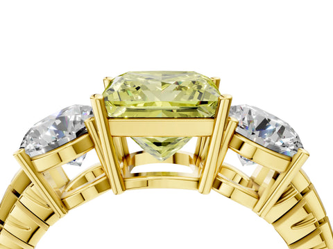 Yellow gold Three-Stone Fancy Yellow Princess Cut Cut Diamond Ring with Channel-Set Band and Prong Setting_4
