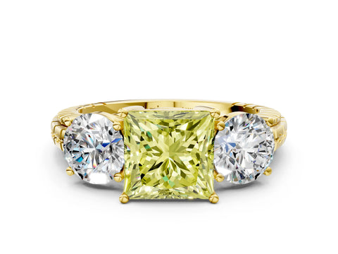 Yellow gold Three-Stone Fancy Yellow Princess Cut Cut Diamond Ring with Channel-Set Band and Prong Setting