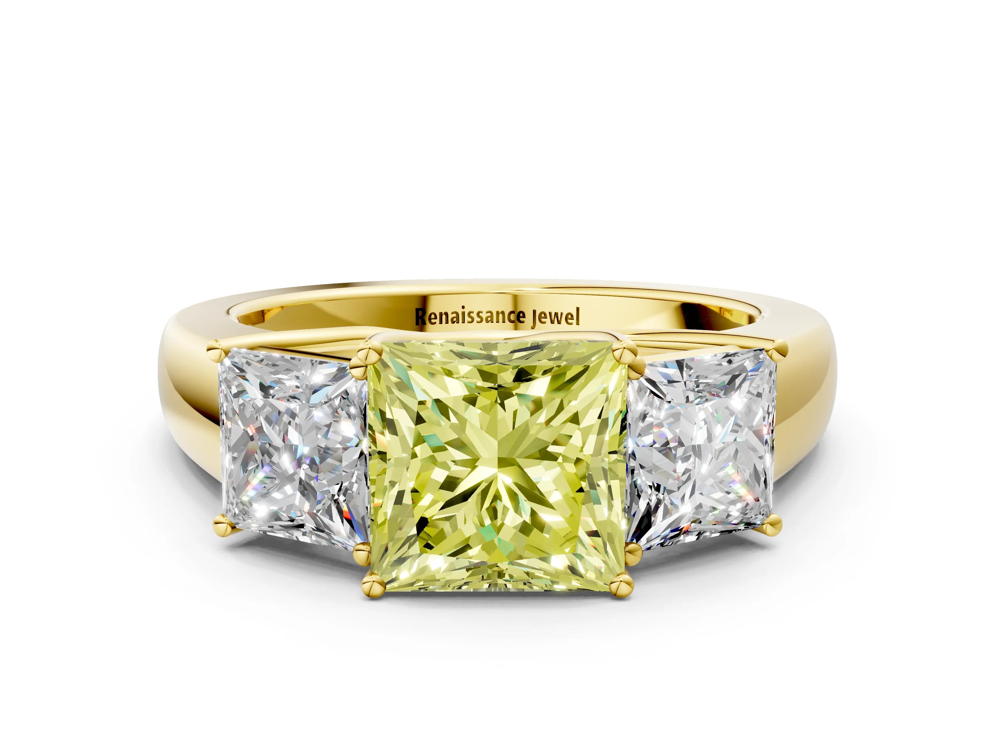 Yellow gold Three-Stone Fancy Yellow Princess Cut Cut Diamond Ring with Prong Setting and Classic Band