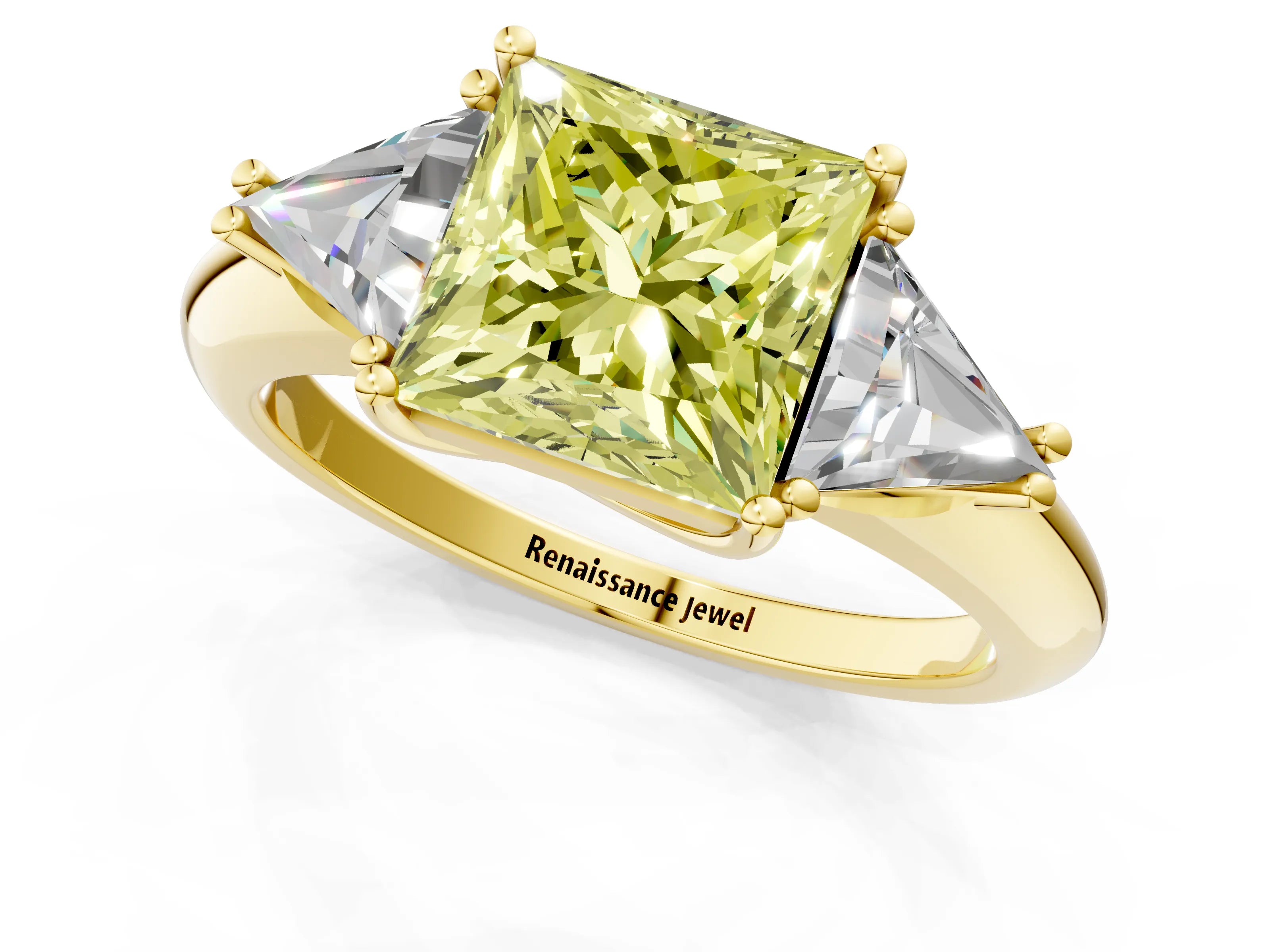 Yellow gold Three-Stone Fancy Yellow Princess Cut Cut Diamond Ring with Trillion Side Stones and Four-Prong Setting_4