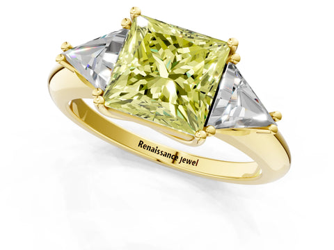 Yellow gold Three-Stone Fancy Yellow Princess Cut Cut Diamond Ring with Trillion Side Stones and Four-Prong Setting_4