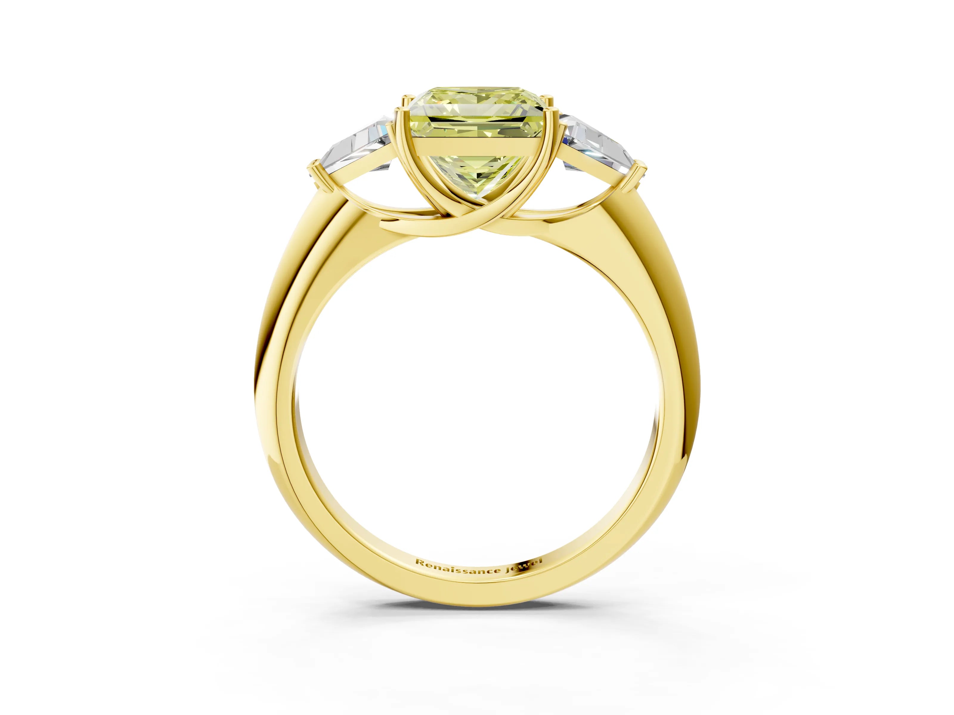 Yellow gold Three-Stone Fancy Yellow Princess Cut Cut Diamond Ring with Trillion Side Stones and Four-Prong Setting_6