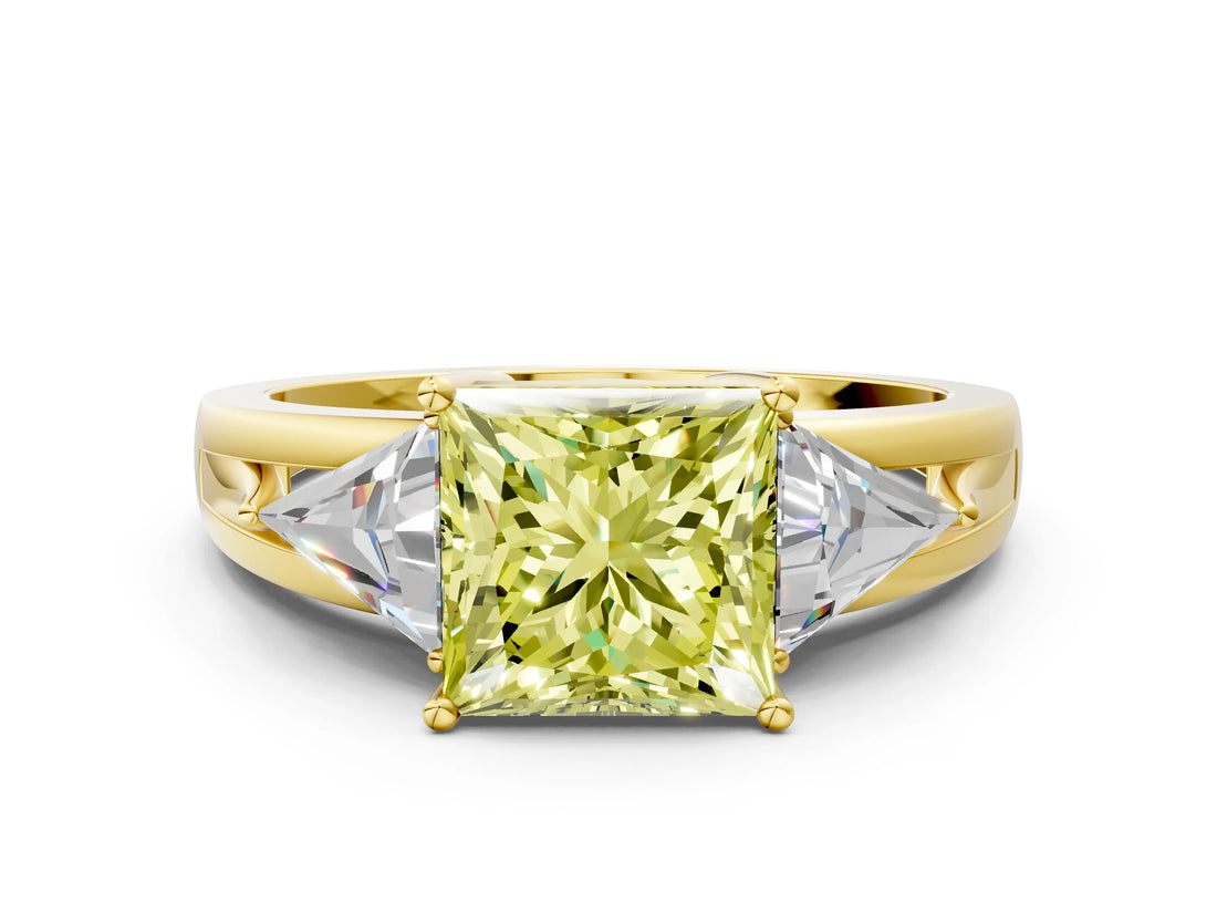 Yellow gold Three-Stone Fancy Yellow Princess Cut Cut Diamond Ring with Trillion Side Stones on a Split Shank Band