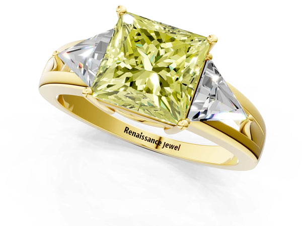 Yellow Gold Princess Cut Split Shank Three Stone Engagement Ring Setting for Fancy Yellow Center