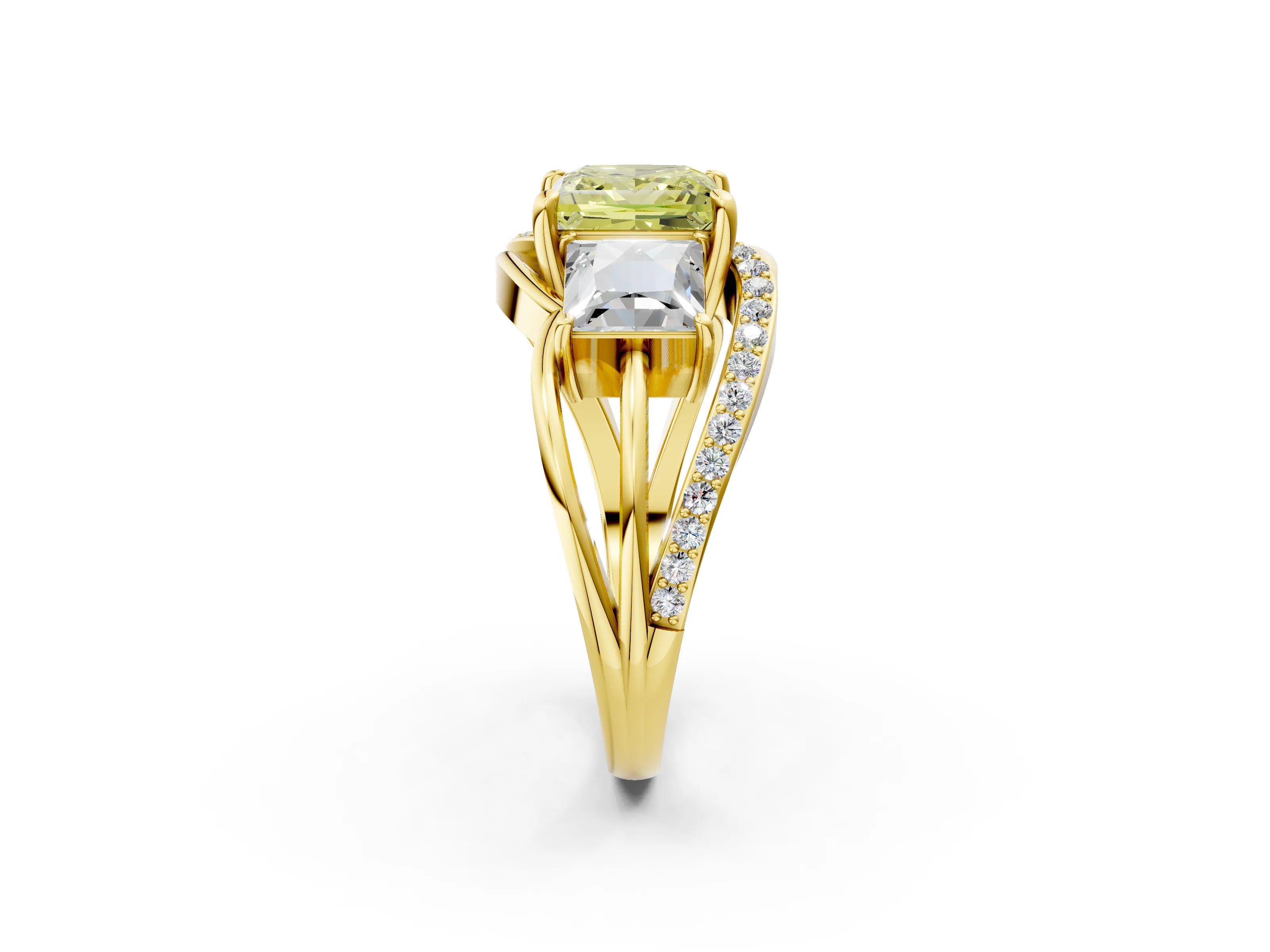 Yellow gold Three-Stone Fancy Yellow Princess Cut Cut Diamond Split Shank Prong Set Ring_14