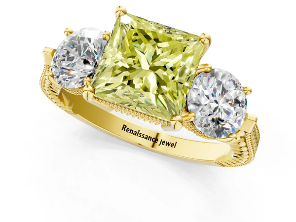 Yellow Gold Princess Cut Vintage Three Stone Engagement Ring Setting for Fancy Yellow Center
