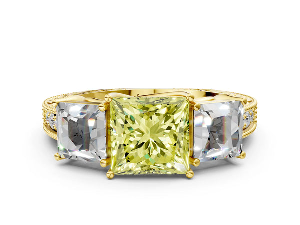 Yellow gold Three-Stone Fancy Yellow Princess Cut Cut Milgrain Pavé Engagement Ring