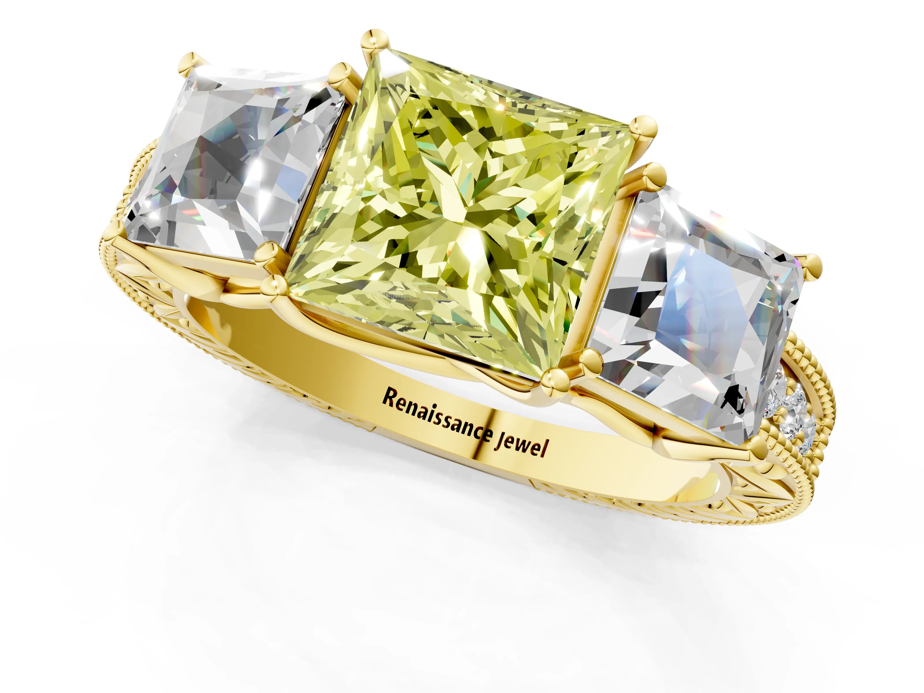 Yellow gold Three-Stone Fancy Yellow Princess Cut Cut Milgrain Pavé Engagement Ring_1
