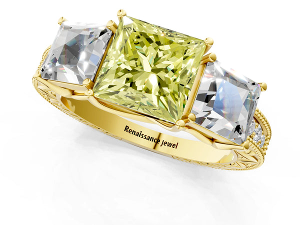 Yellow gold Three-Stone Fancy Yellow Princess Cut Cut Milgrain Pavé Engagement Ring