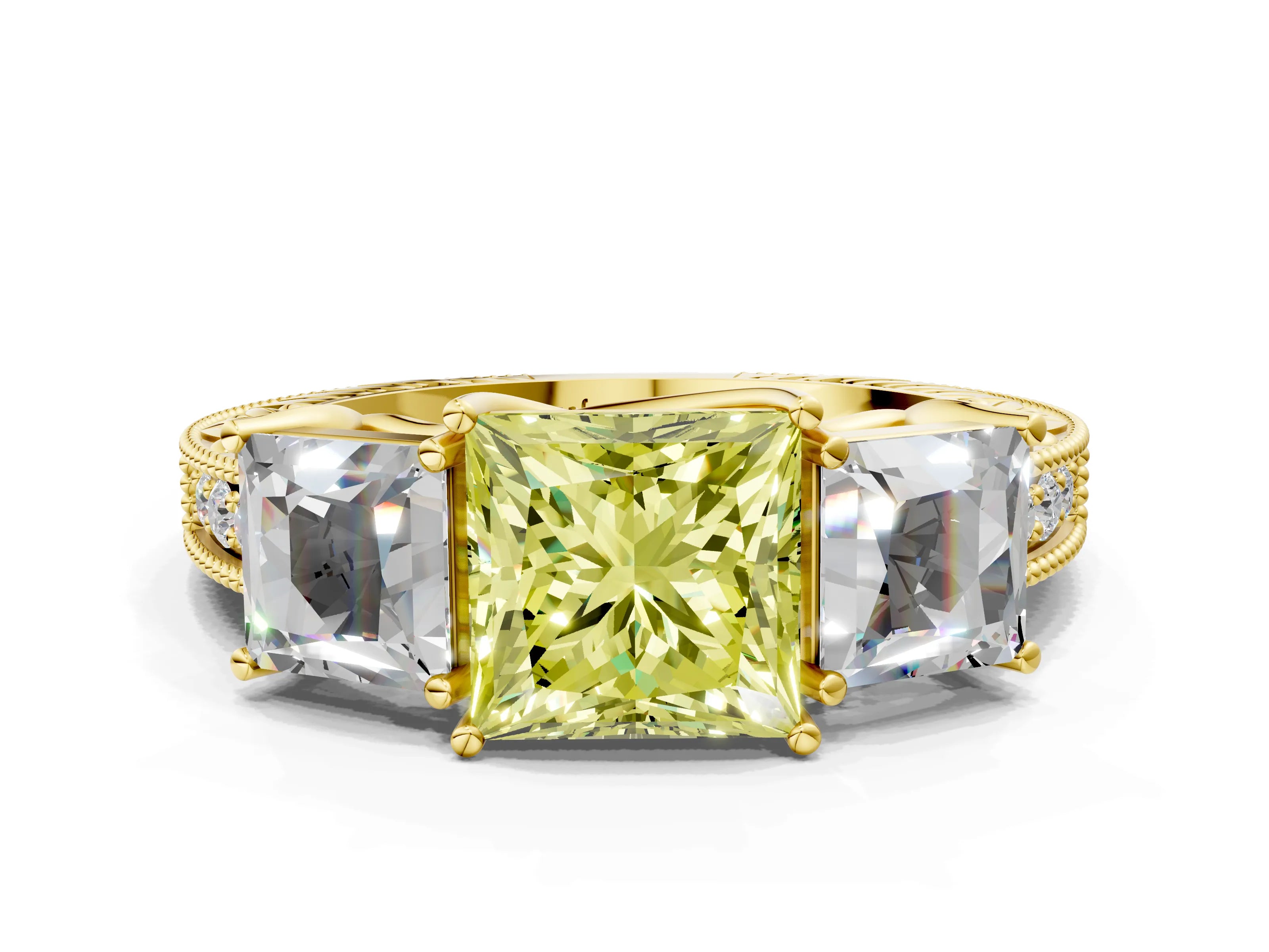 Yellow gold Three-Stone Fancy Yellow Princess Cut Cut Milgrain Pavé Engagement Ring_12