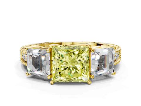 Yellow gold Three-Stone Fancy Yellow Princess Cut Cut Milgrain Pavé Engagement Ring_12