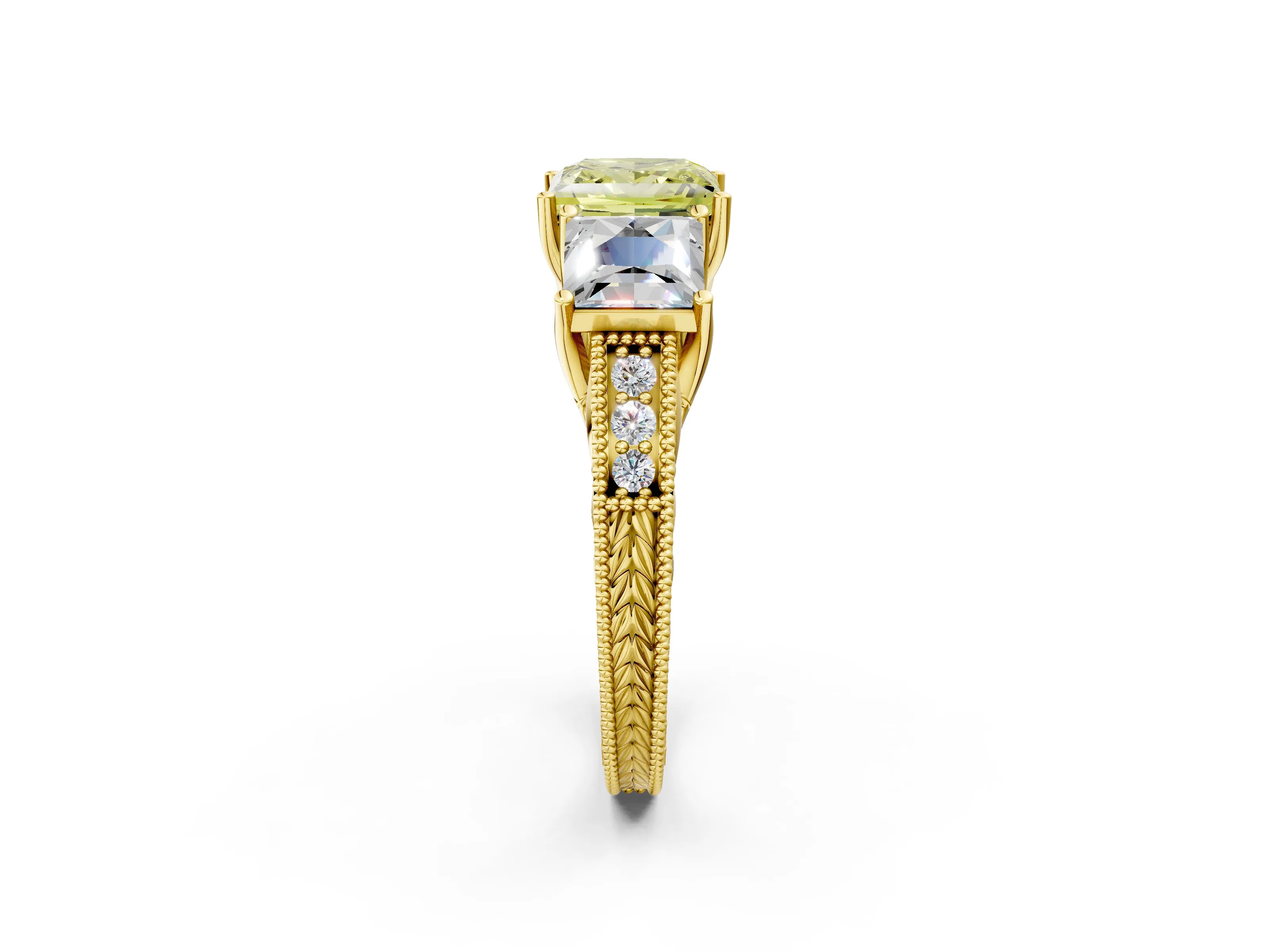Yellow gold Three-Stone Fancy Yellow Princess Cut Cut Milgrain Pavé Engagement Ring_14